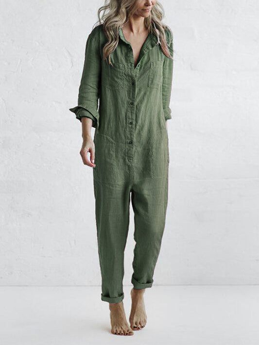 Women's Casual Long Sleeve Button Front Jumpsuit
