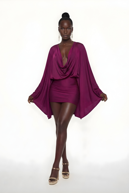Women's Cocktail Mini Draped Cowl Neck Batwing Dress