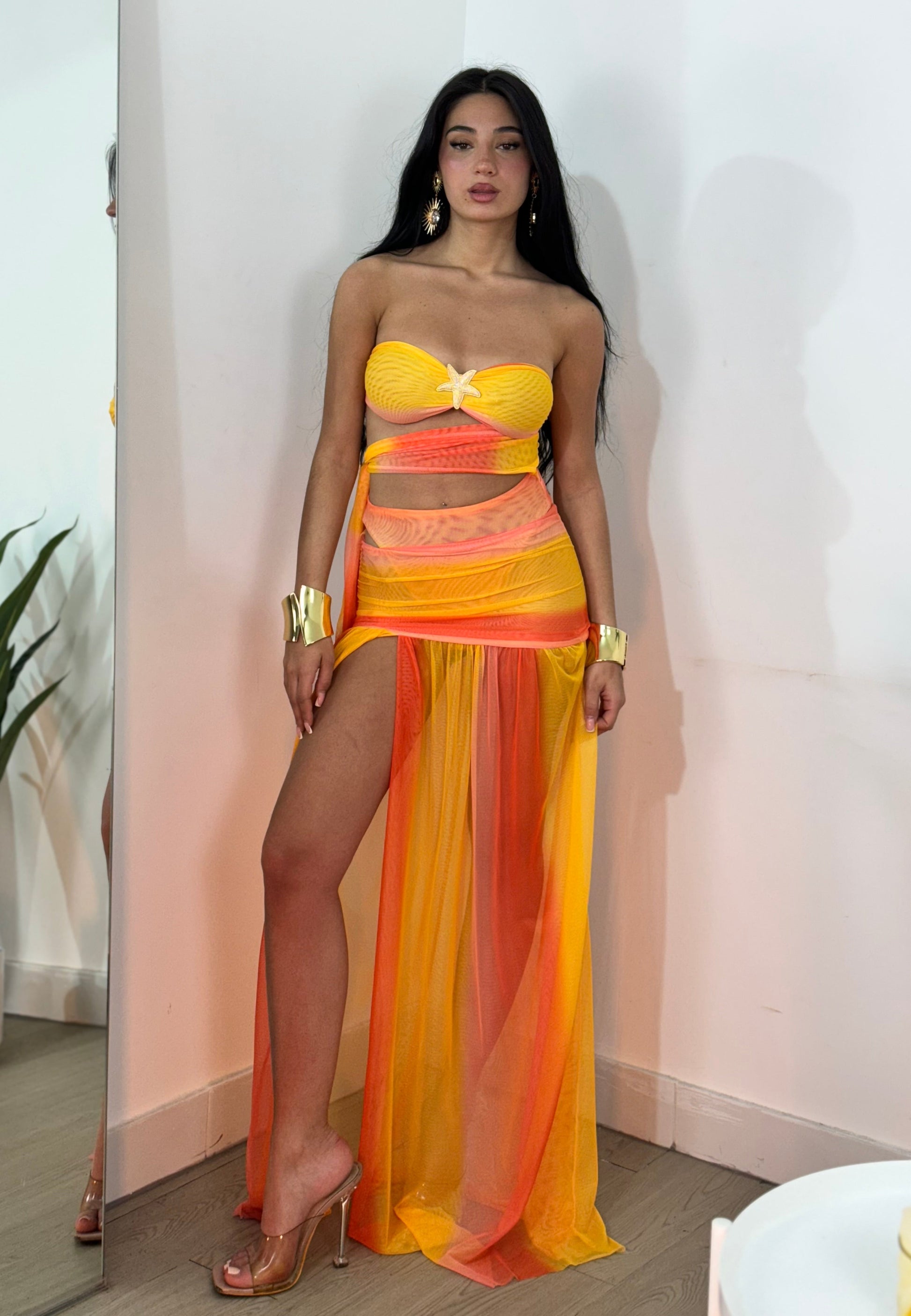 Women's Cocktail Strapless Sheer Maxi Skirt Set