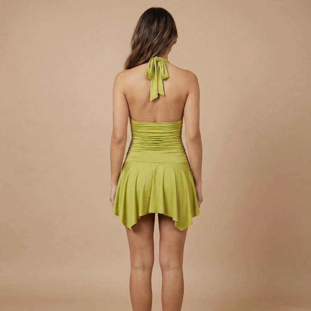 Women's Cocktail Halter Ruched Mini Dress with Gold Rings - product image 4