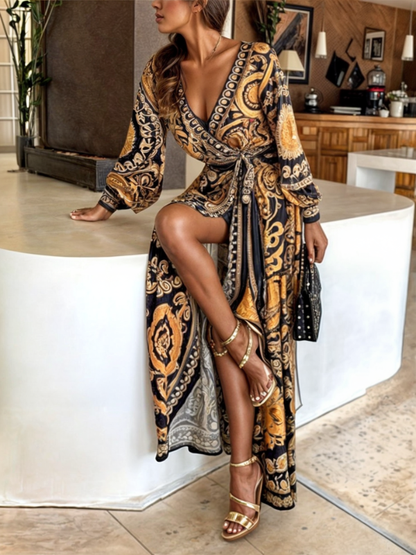 Gold and black chain print maxi wrap dress with long sleeves and side slit for women's cocktail wear
