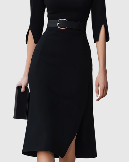 Women's Cocktail High Neck Belted Midi Dress