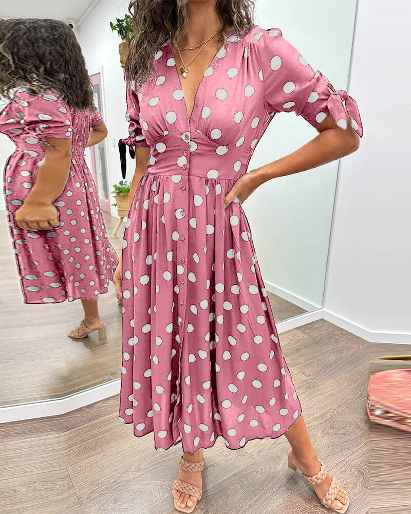 Women's Cocktail Polka Dot V Neck Midi Dress