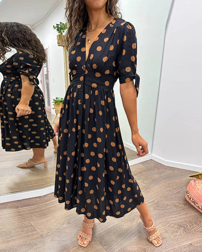 Women's Cocktail Polka Dot V Neck Midi Dress
