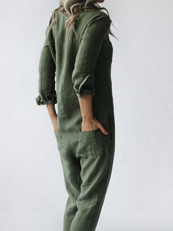 Women's Casual Long Sleeve Button Front Jumpsuit