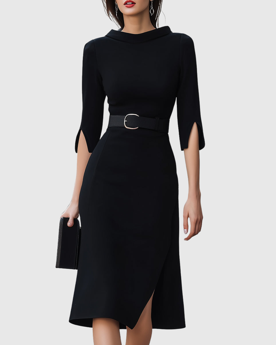 Women's Cocktail High Neck Belted Midi Dress