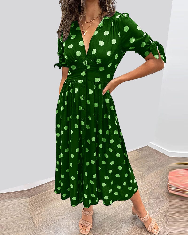 Women's Cocktail Polka Dot V Neck Midi Dress