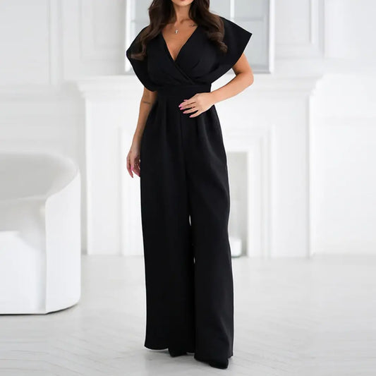 Women's Cocktail Wide Leg V Neck Flutter Sleeve Jumpsuit
