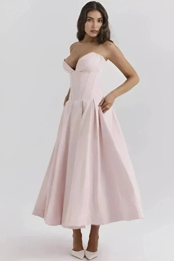 Women's Wedding Guest Strapless Sweetheart Midi Dress