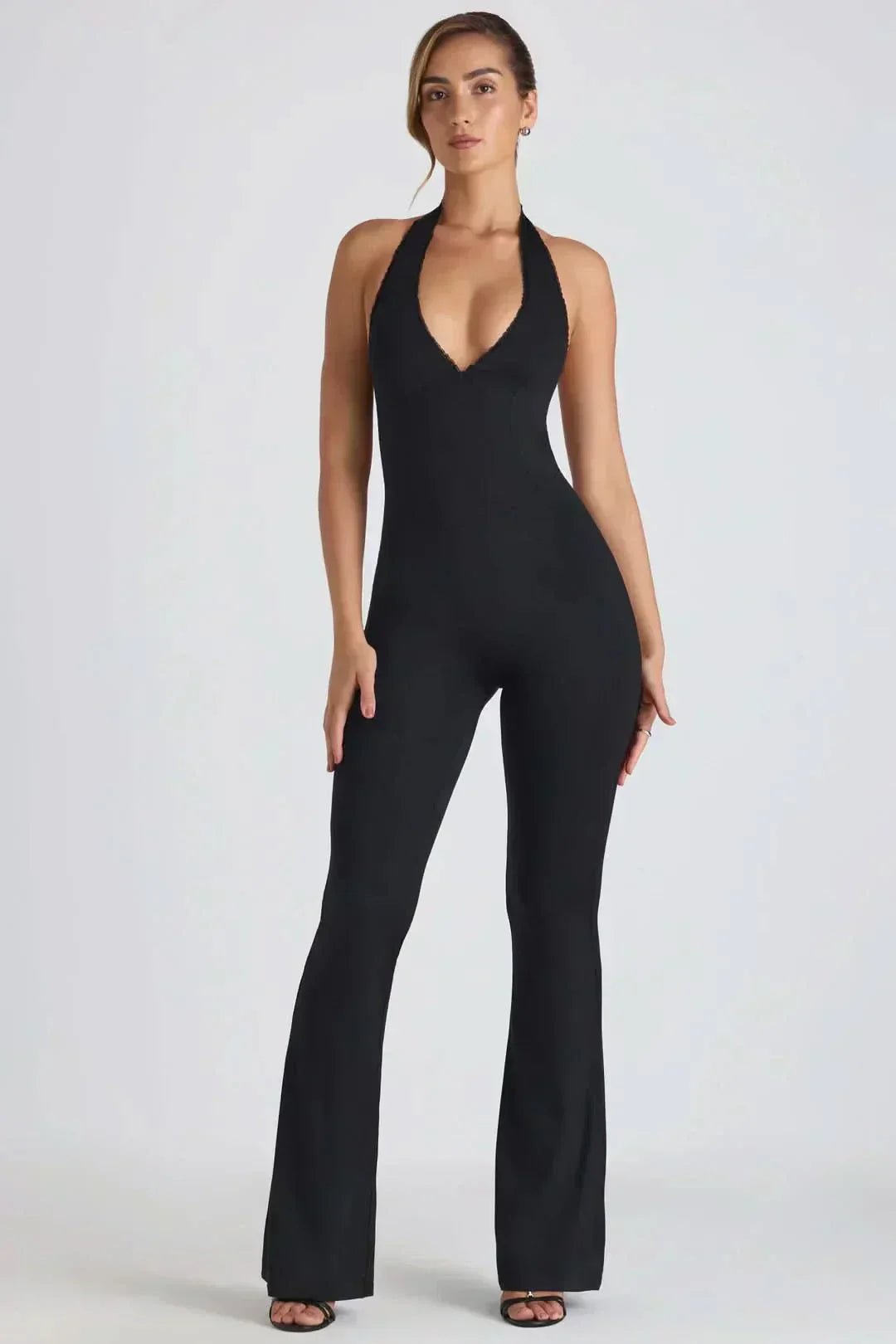 Women's Cocktail Halter V Neck Flared Jumpsuit - product image 2