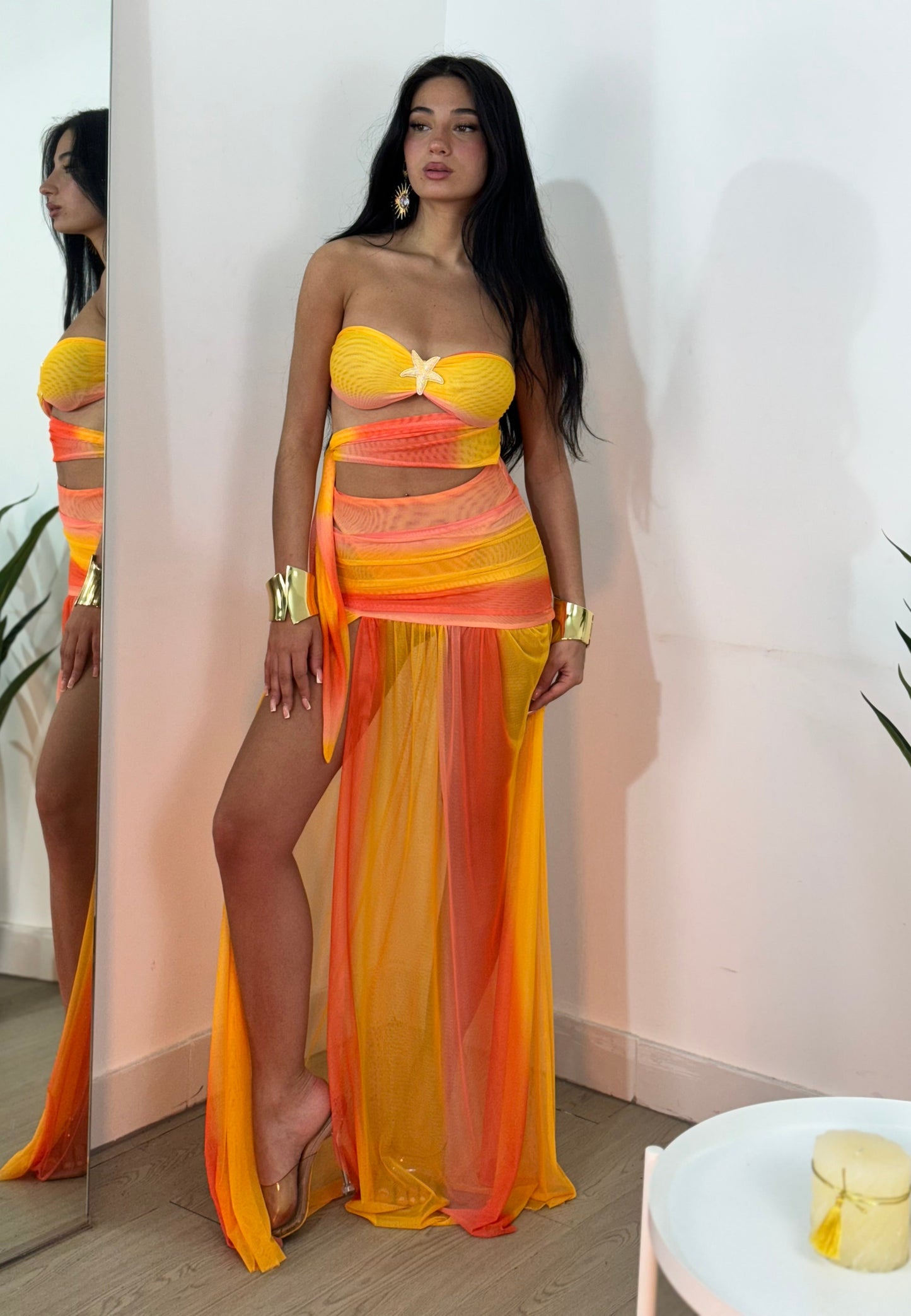 Women's Cocktail Strapless Sheer Maxi Skirt Set