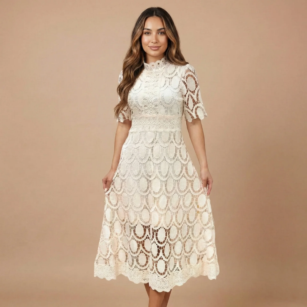 white lace mock neck dress Nasrin White Mock Neck Floral Lace Maxi Dress, M / White