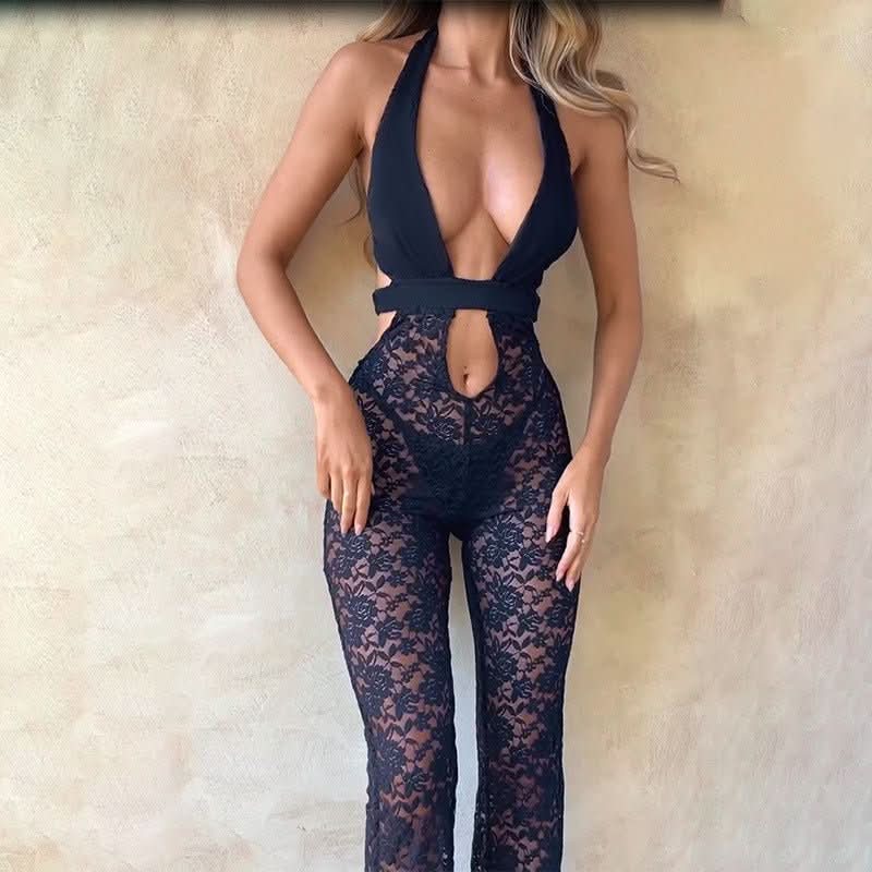 Women's Cocktail Floral Lace Halter V Neck Jumpsuit - product image 2
