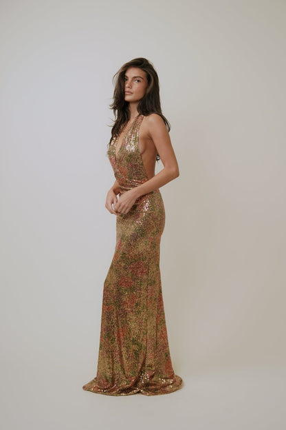 Uma Sequin Halter Maxi Dress - Floral