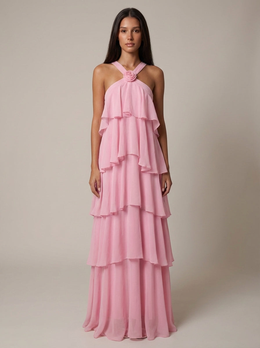 Rosalind Tiered Halter Maxi Dress - Pink