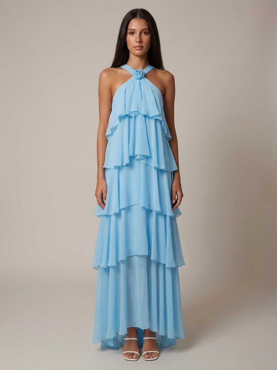 Rosalind Tiered Halter Maxi Dress - Blue