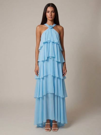Rosalind Tiered Halter Maxi Dress - Blue