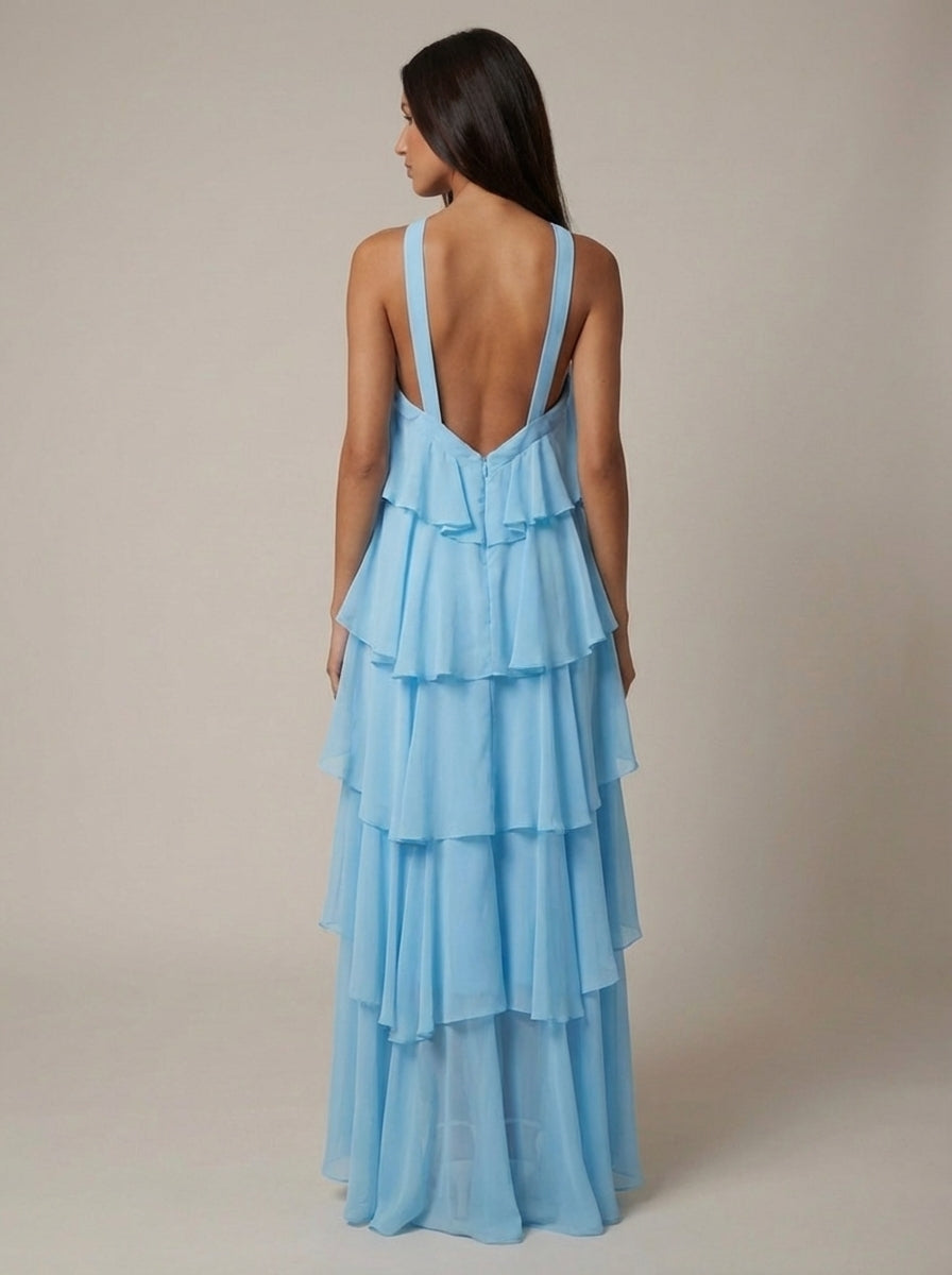 Rosalind Tiered Halter Maxi Dress - Blue