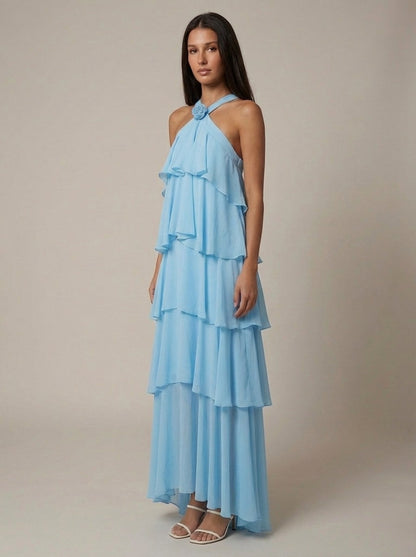 Rosalind Tiered Halter Maxi Dress - Blue