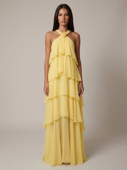 Rosalind Tiered Halter Maxi Dress - Yellow