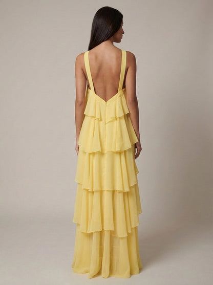 Rosalind Tiered Halter Maxi Dress - Yellow