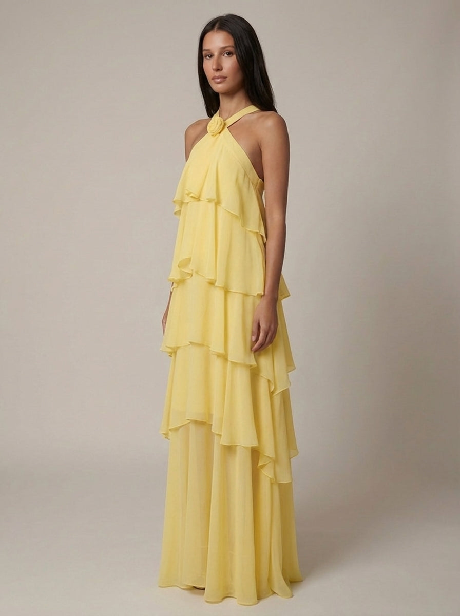 Rosalind Tiered Halter Maxi Dress - Yellow