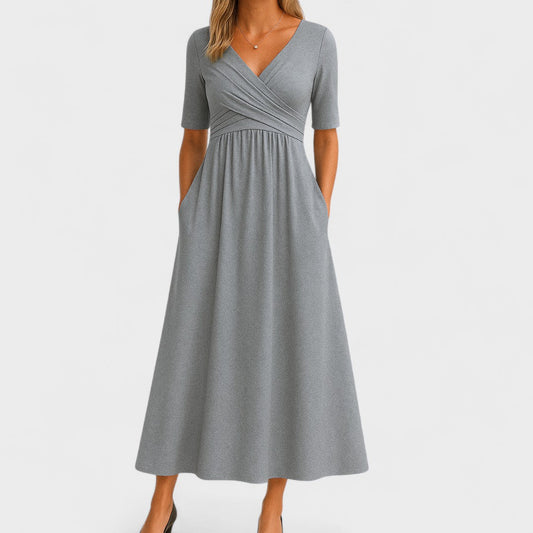 Women's Wedding Guest V Neck Elbow Sleeve Midi Dress