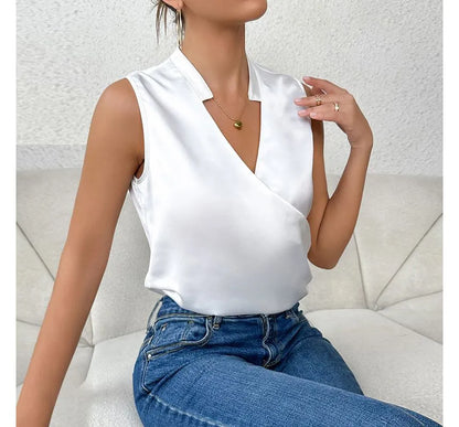 Women's Cocktail V Neck Sleeveless Wrap Blouse Top