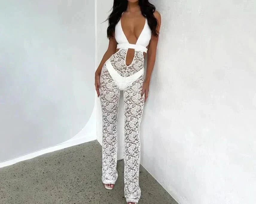 Women's Cocktail Floral Lace Halter V Neck Jumpsuit - product image 3
