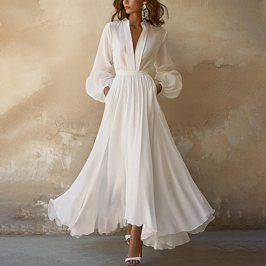 Women's Wedding Guest V Neck Long Sleeve Maxi Dress