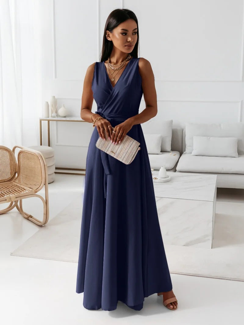 Women's Wedding Guest V Neck Sleeveless Maxi Dress