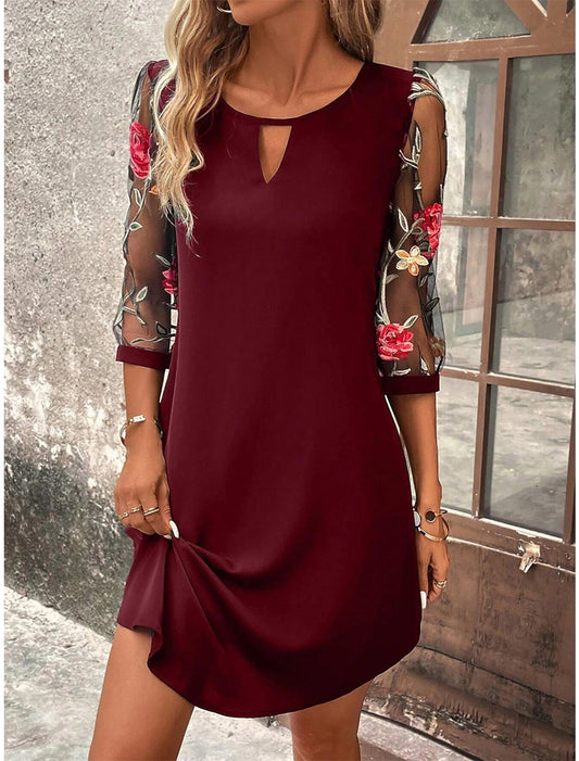 Women's Cocktail Mini Keyhole 3/4 Sleeve Shift Dress