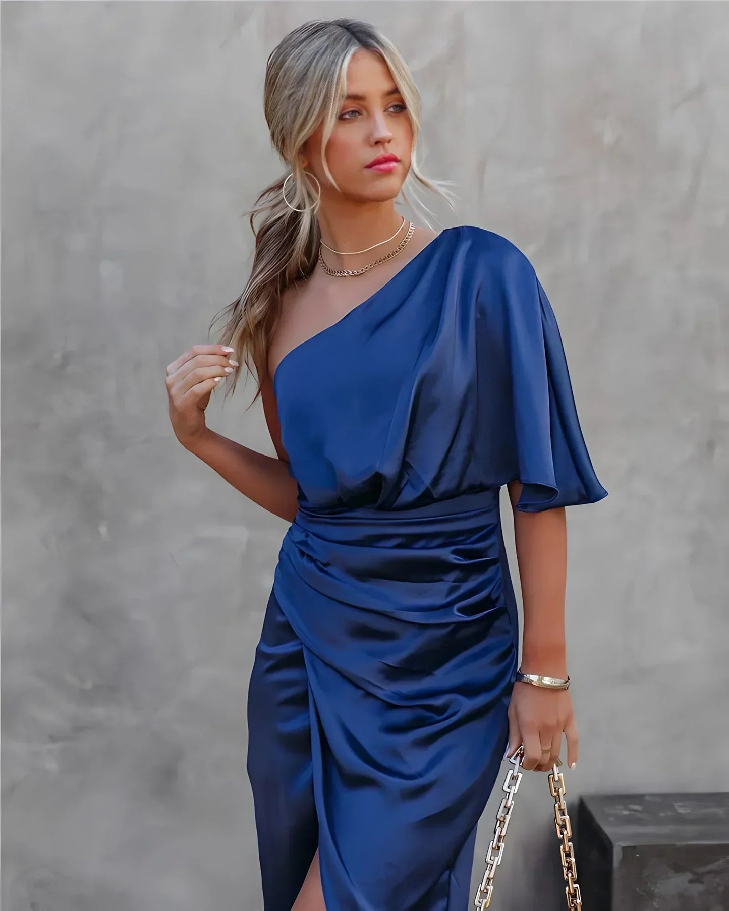 Women's Cocktail One Shoulder Draped Midi Dress With Slit