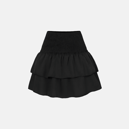 Black smocked ruffle mini skirt with layered tiers