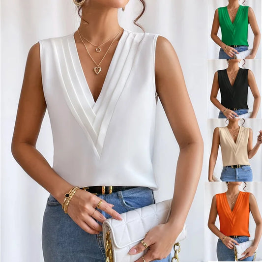 Women's Workwear V Neck Sleeveless Wrap Blouse Top