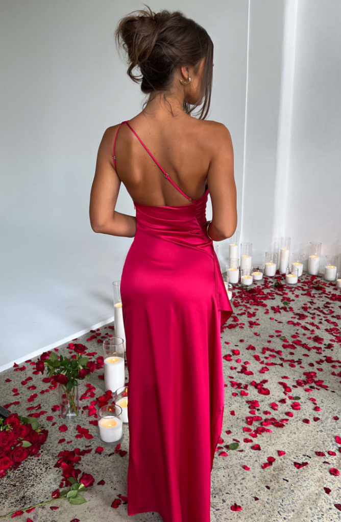Women's Wedding Guest One Shoulder Satin Maxi Dress