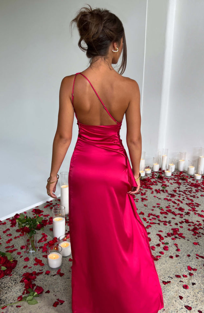 Women's Wedding Guest One Shoulder Satin Maxi Dress
