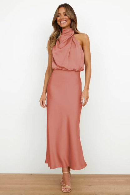 Dusty rose halter draped midi dress with bloused top and curved hem