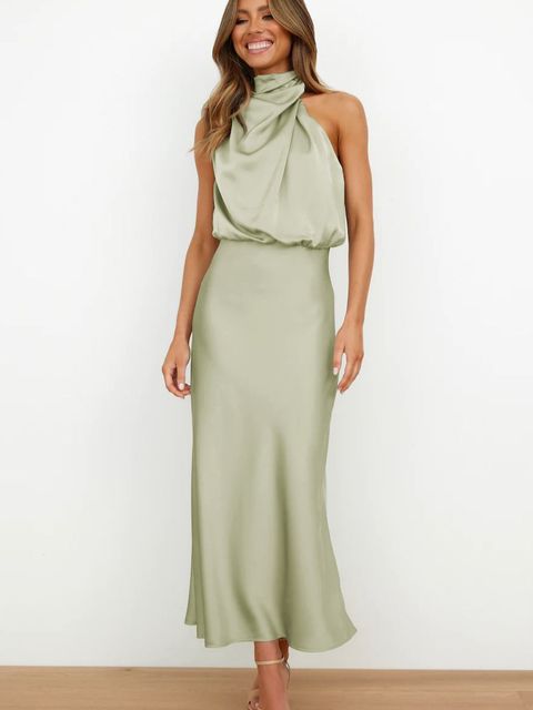 Women's Cocktail Halter Neck Satin Midi Dress