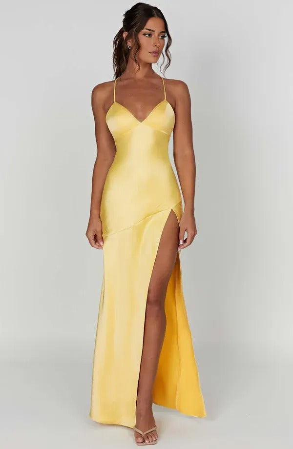 Women's Cocktail Satin V Neck Maxi Dress With Slit