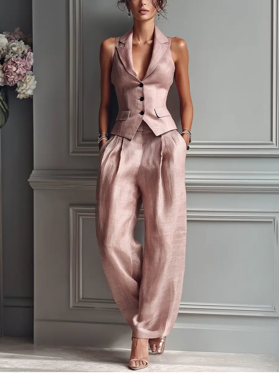 Alameda Linen Vest Pant Set - Dusty Pink