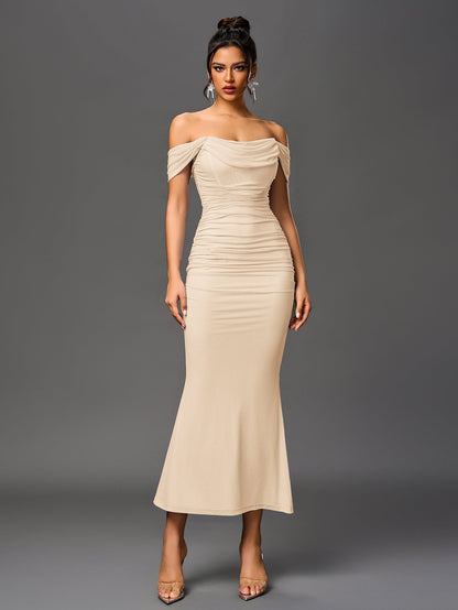 Alida Off Shoulder Maxi Dress - Beige