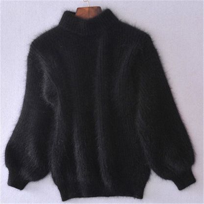 Acacia Fuzzy Lantern Sleeve Knit Sweater - Black