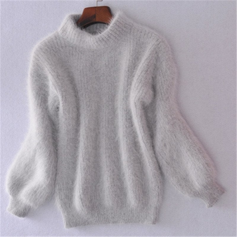 Acacia Fuzzy Lantern Sleeve Knit Sweater - Light Gray