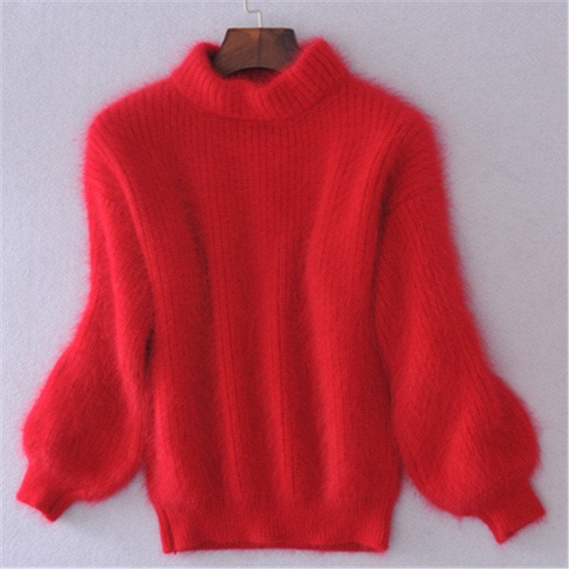 Acacia Fuzzy Lantern Sleeve Knit Sweater - Red