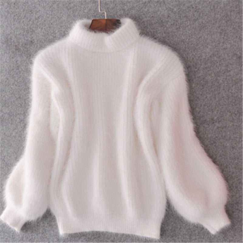 Acacia Fuzzy Lantern Sleeve Knit Sweater - White