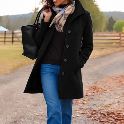 Adah Stand Collar Button Front Coat - Black