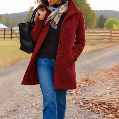Adah Stand Collar Button Front Coat - Burgundy