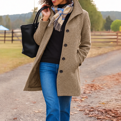 Adah Stand Collar Button Front Coat - Camel