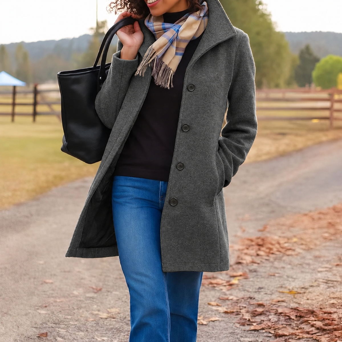 Adah Stand Collar Button Front Coat - Charcoal Gray